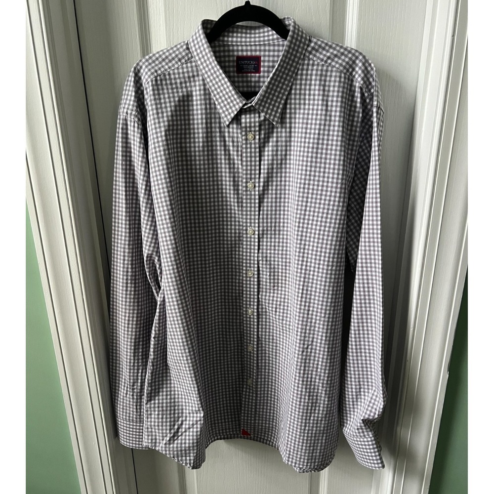 Untuckit Mens Dress Shirt Gray White Check Long Sleeve Size XXXL TALL SMALL FLAW